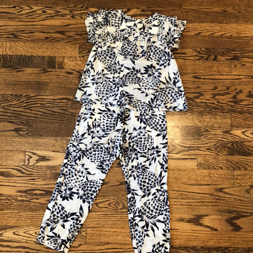 Girls navy pineapple print linen pant set Crewcuts